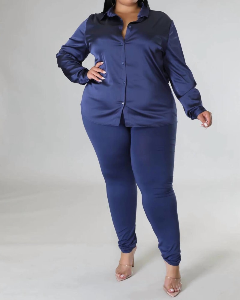 Front of a model wearing a size 2XL Satin Sassy Two Piece Set in Navy in Navy by Good Time USA. | dia_product_style_image_id:326986